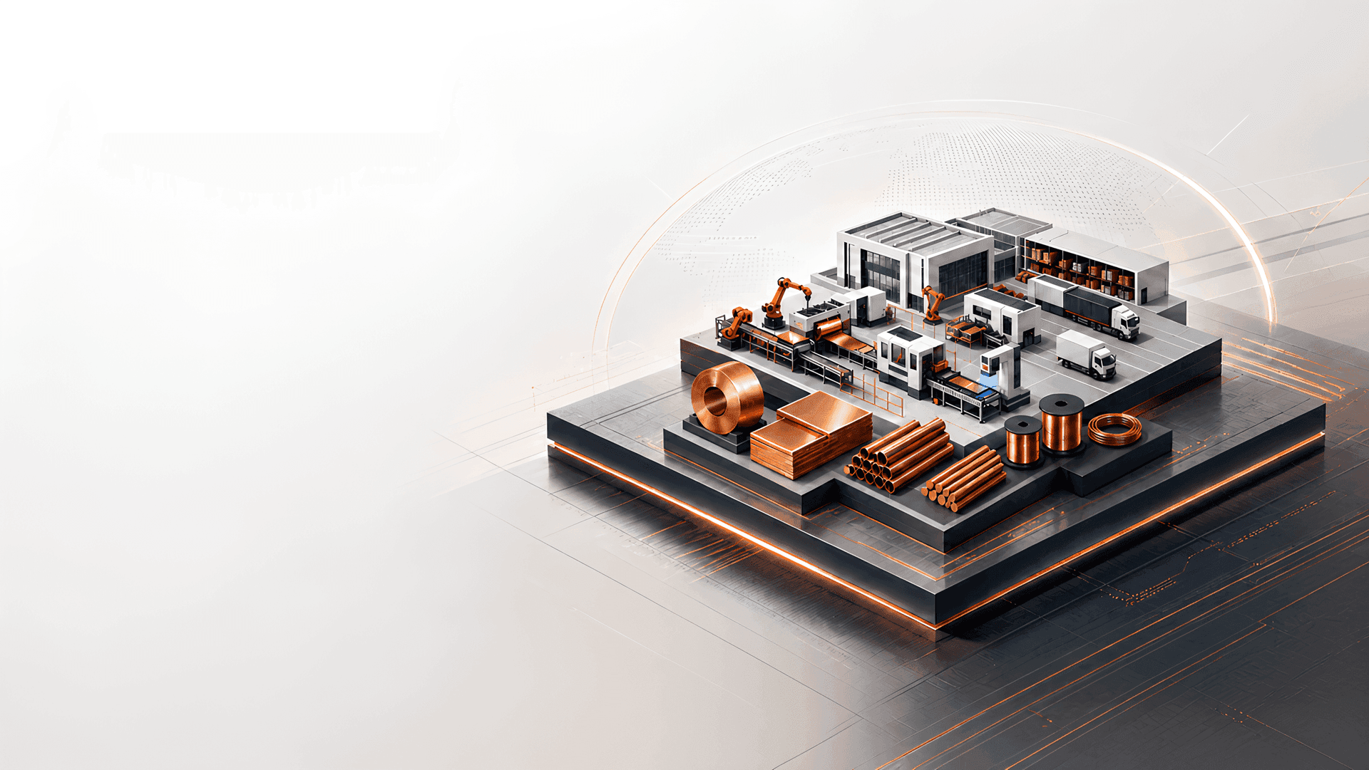 Isometric illustration of copper manufacturing, logistics, and automated production lines.