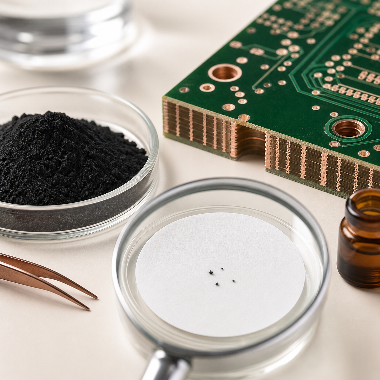 electronic-grade copper oxide powder, acid-insoluble matter, PCB copper plating, advanced HDI PCB, high-layer-count PCB, particle residue, acid copper plating, copper oxide COA, copper oxide procurement, copper ion replenishment